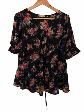 PLEIONE BLACK/BLUE/YELLOW/PINK FLORAL V-NECK BLOUSE WITH RUFFLE DETAILS, LRG